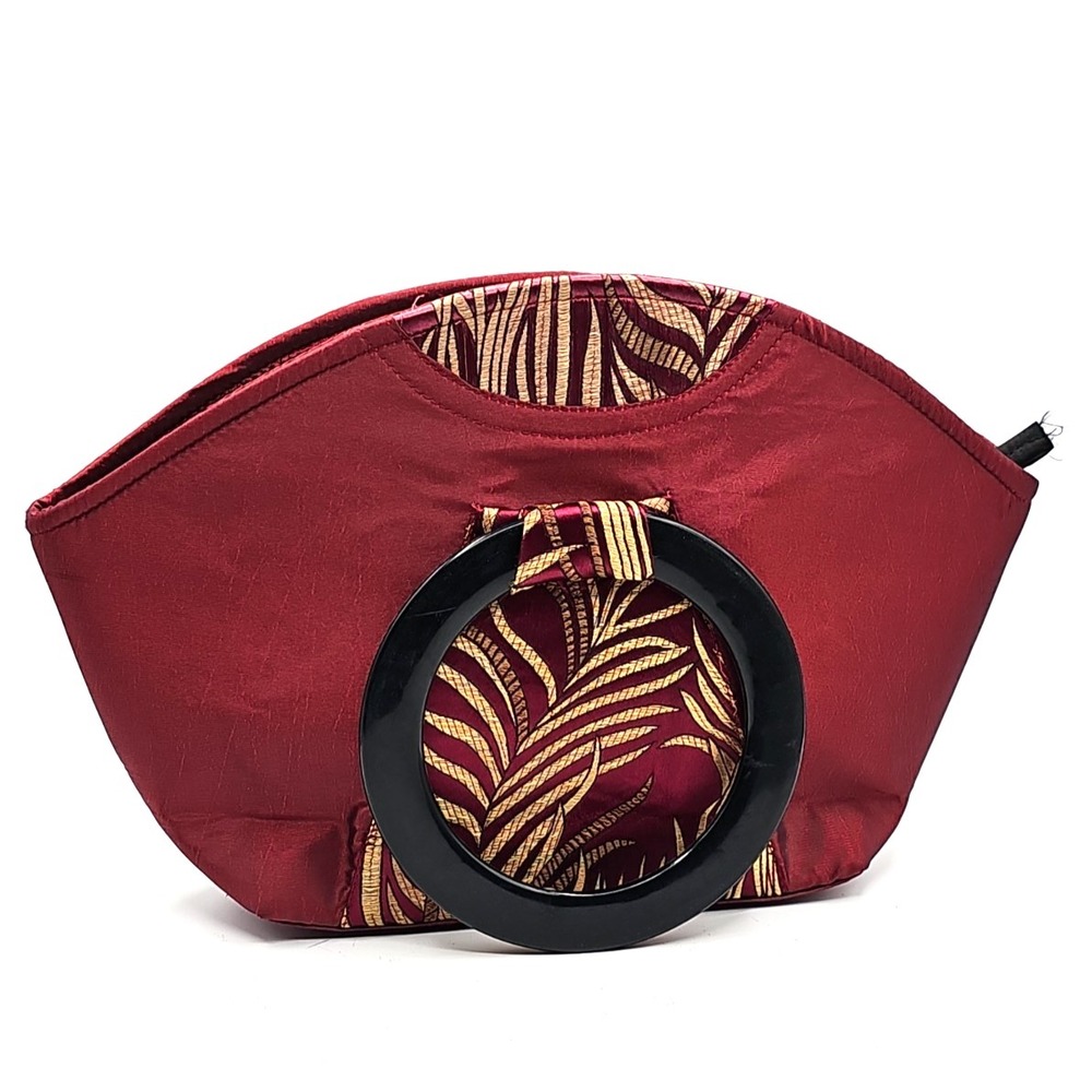Asian Inspired Red Satin Handbag Black Resin Ring Handle Brocade Fabric Purse